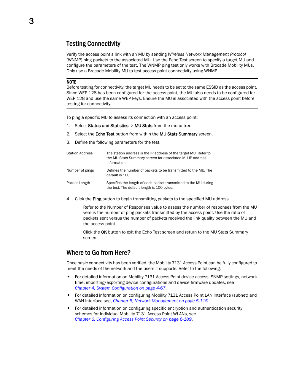 Testing connectivity, Where to go from here | Brocade Mobility 7131 Access Point Product Reference Guide (Supporting software release 4.4.0.0 and later) User Manual | Page 76 / 520