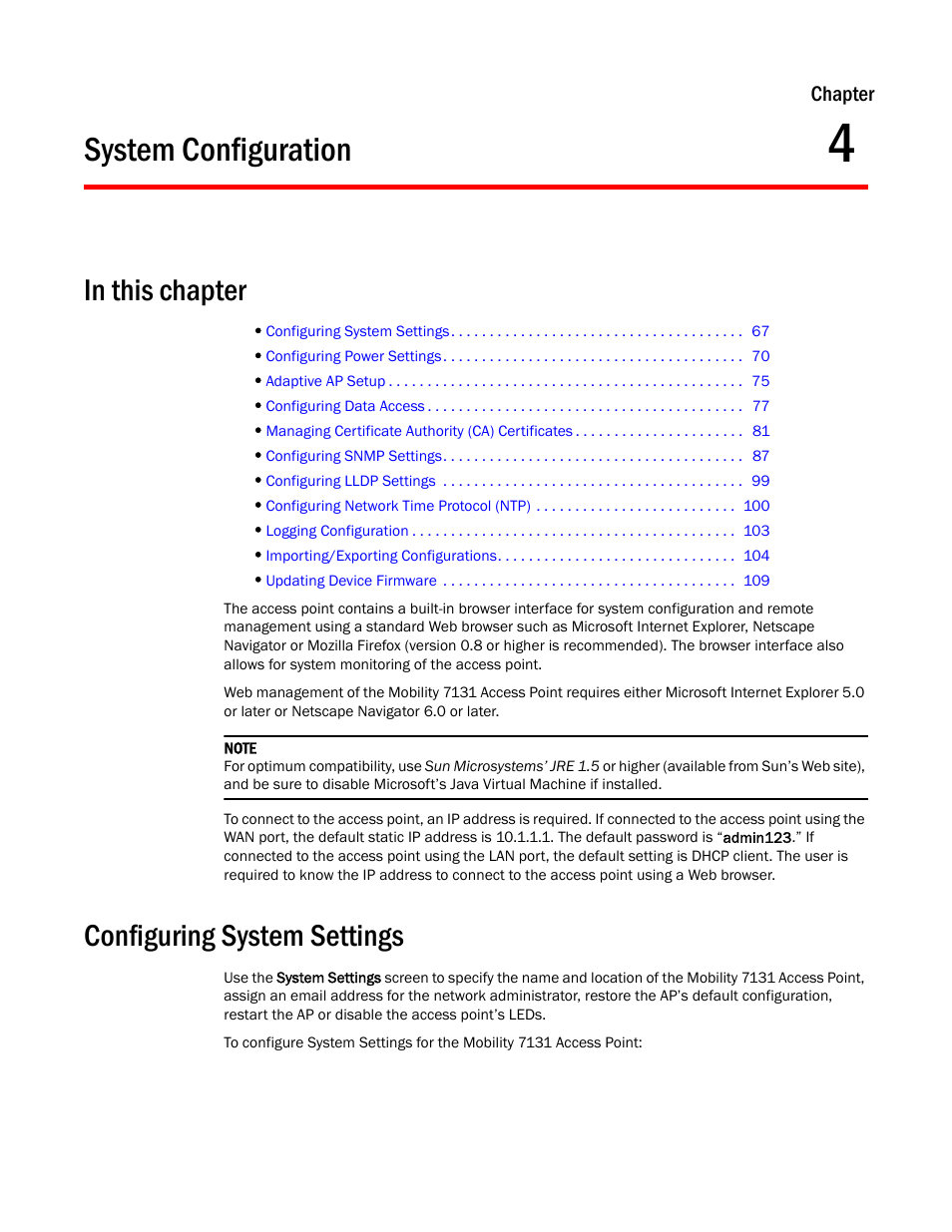 System configuration, In this chapter, Configuring system settings | Chapter 4 | Brocade Mobility 7131 Access Point Product Reference Guide (Supporting software release 4.4.0.0 and later) User Manual | Page 79 / 520