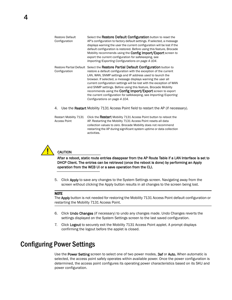 Configuring power settings | Brocade Mobility 7131 Access Point Product Reference Guide (Supporting software release 4.4.0.0 and later) User Manual | Page 82 / 520