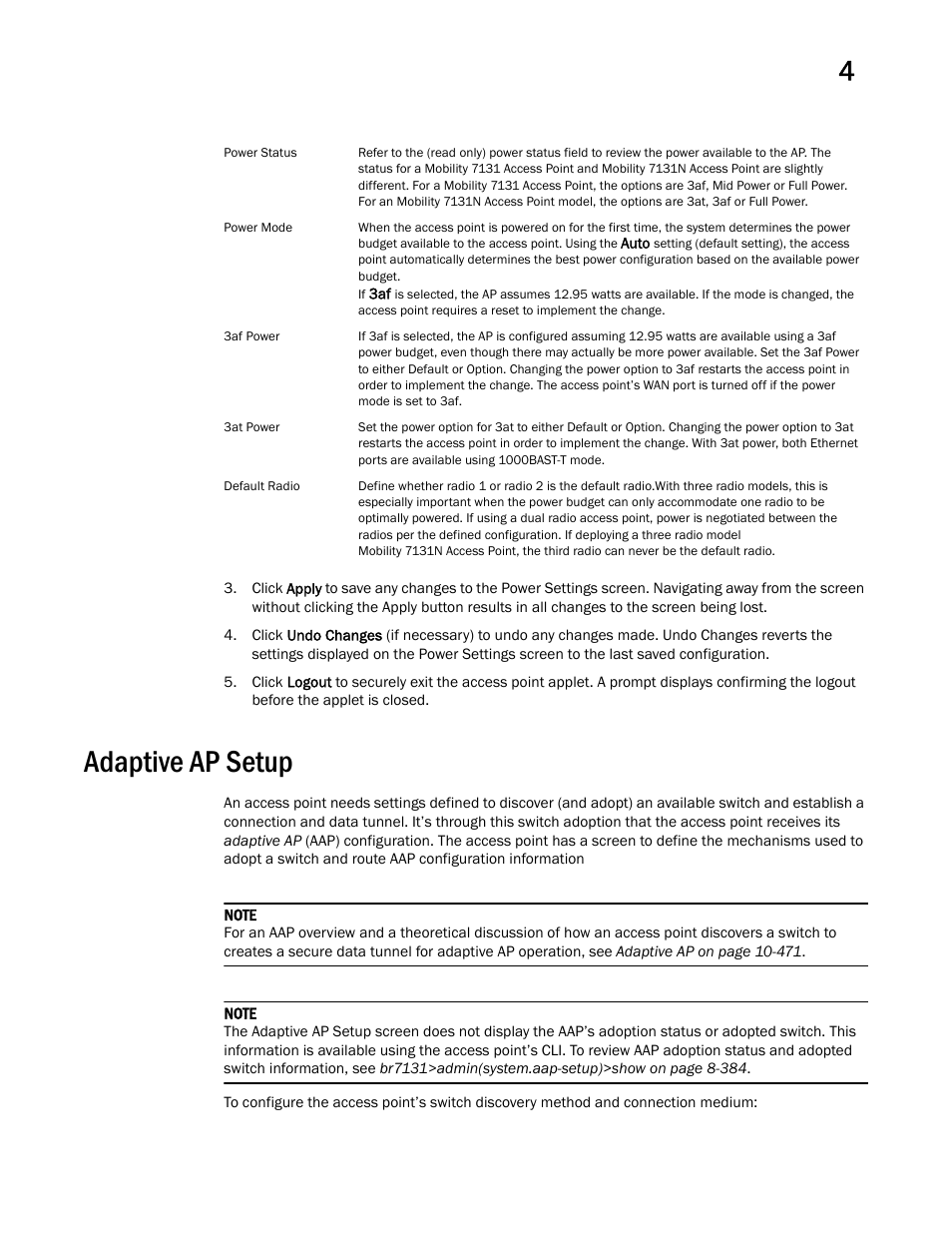 Adaptive ap setup | Brocade Mobility 7131 Access Point Product Reference Guide (Supporting software release 4.4.0.0 and later) User Manual | Page 87 / 520