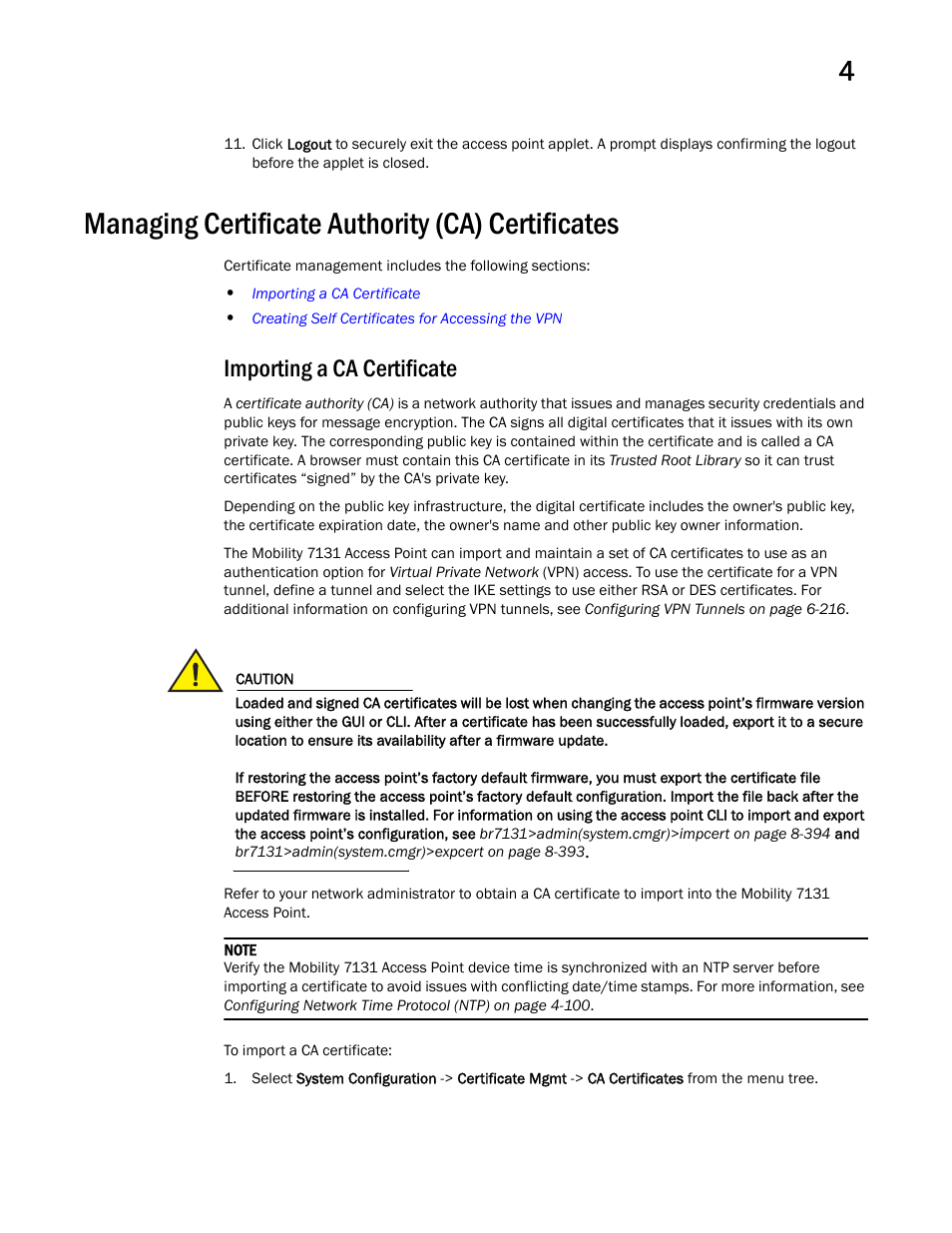 Managing certificate authority (ca) certificates, Importing a ca certificate | Brocade Mobility 7131 Access Point Product Reference Guide (Supporting software release 4.4.0.0 and later) User Manual | Page 93 / 520