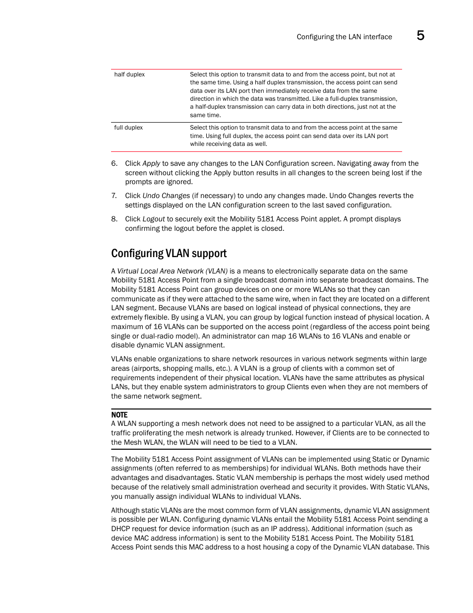 Configuring vlan support, Configuring, Vlan support | Brocade Mobility 5181 Access Point Product Reference Guide (Supporting software release 4.4.0.0) User Manual | Page 109 / 428