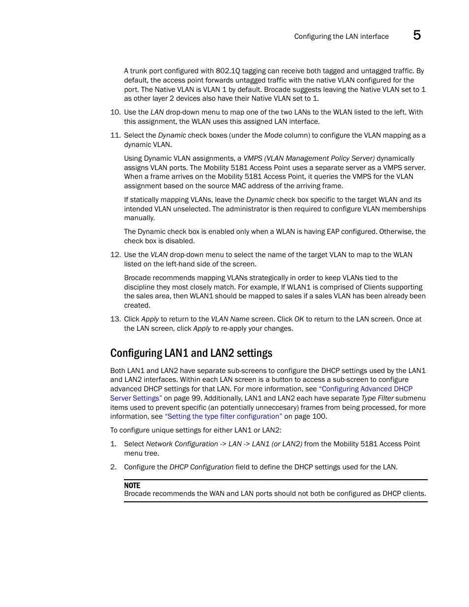 Configuring lan1 and lan2 settings | Brocade Mobility 5181 Access Point Product Reference Guide (Supporting software release 4.4.0.0) User Manual | Page 111 / 428