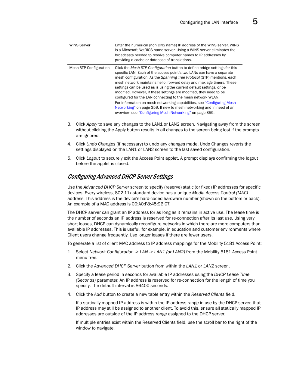 Configuring advanced dhcp, Server settings, Configuring advanced dhcp server settings | Brocade Mobility 5181 Access Point Product Reference Guide (Supporting software release 4.4.0.0) User Manual | Page 113 / 428