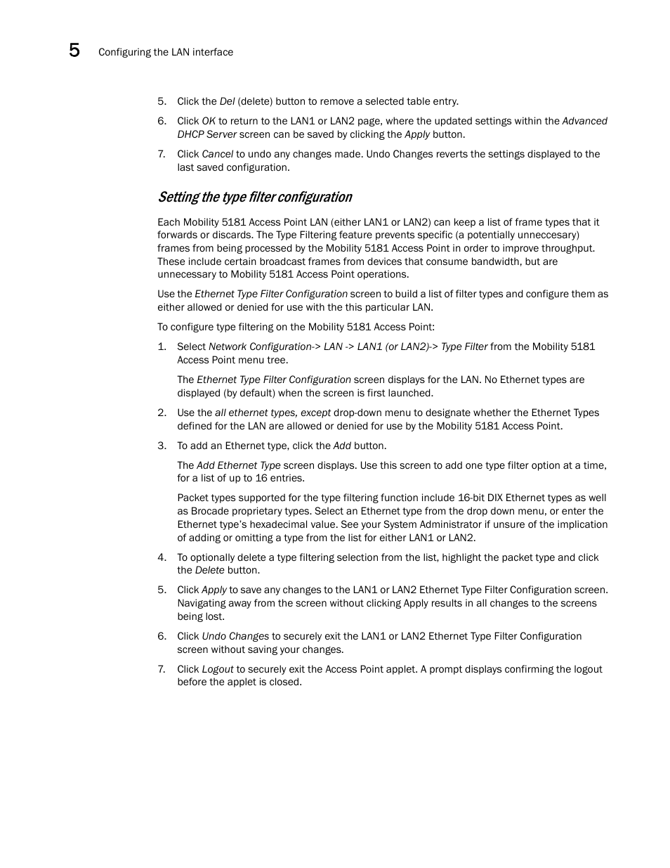 Setting the type filter configuration | Brocade Mobility 5181 Access Point Product Reference Guide (Supporting software release 4.4.0.0) User Manual | Page 114 / 428