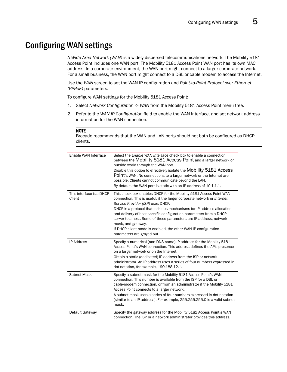 Configuring wan settings, Configuring wan, Settings | Configuring, Wan settings | Brocade Mobility 5181 Access Point Product Reference Guide (Supporting software release 4.4.0.0) User Manual | Page 115 / 428