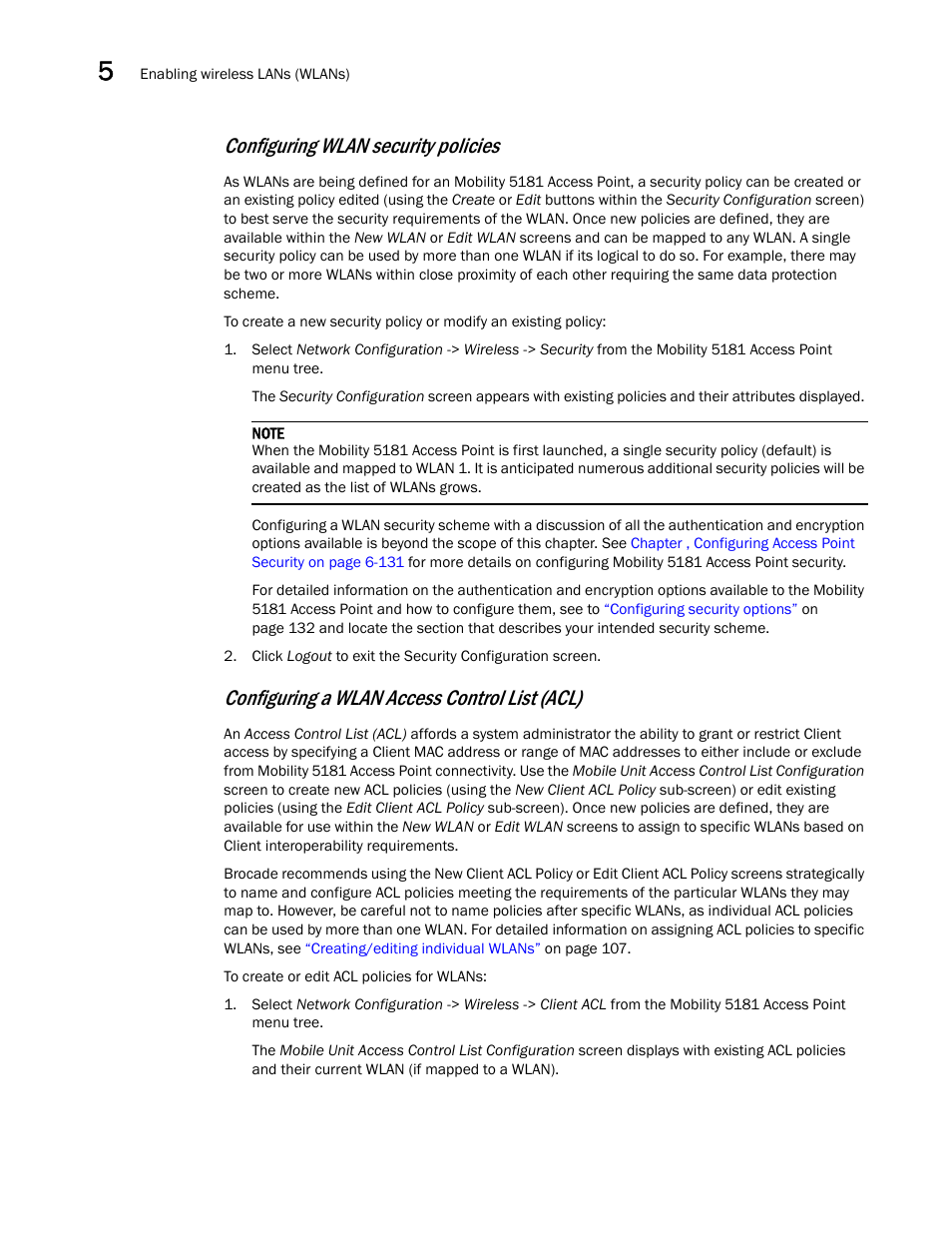 Configuring wlan security, Policies, Configuring a wlan access | Control list (acl), Configuring wlan security policies, Configuring a wlan access control list (acl) | Brocade Mobility 5181 Access Point Product Reference Guide (Supporting software release 4.4.0.0) User Manual | Page 124 / 428