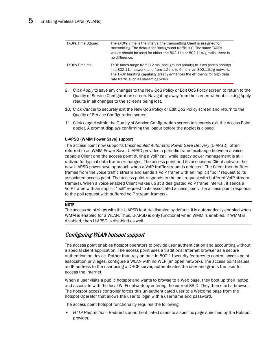 Configuring, Wlan hotspot support, Configuring wlan hotspot support | Brocade Mobility 5181 Access Point Product Reference Guide (Supporting software release 4.4.0.0) User Manual | Page 128 / 428