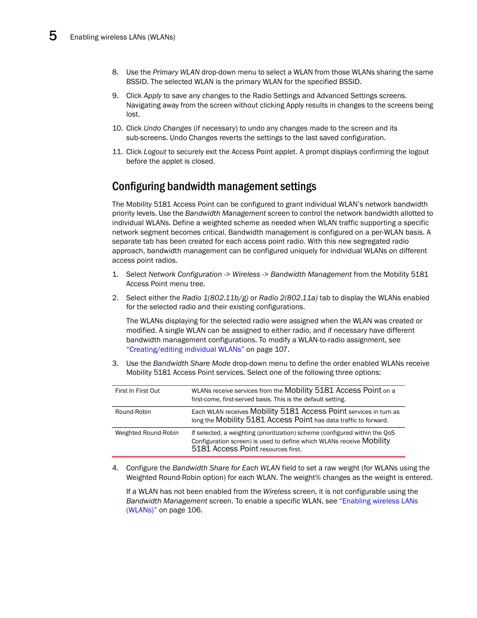 Configuring bandwidth management settings, Configuring bandwidth management, Settings | Brocade Mobility 5181 Access Point Product Reference Guide (Supporting software release 4.4.0.0) User Manual | Page 140 / 428