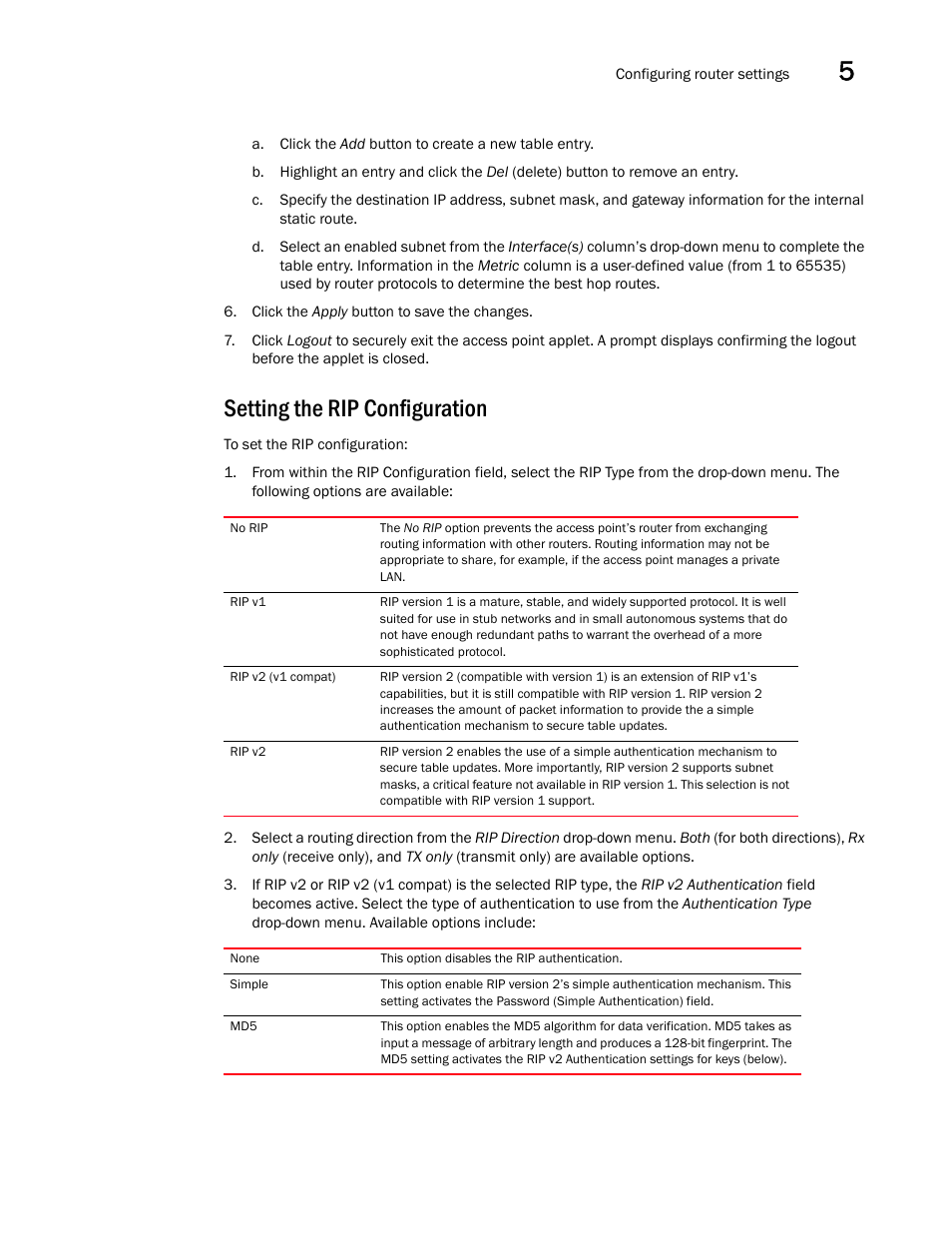 Setting the rip configuration | Brocade Mobility 5181 Access Point Product Reference Guide (Supporting software release 4.4.0.0) User Manual | Page 143 / 428