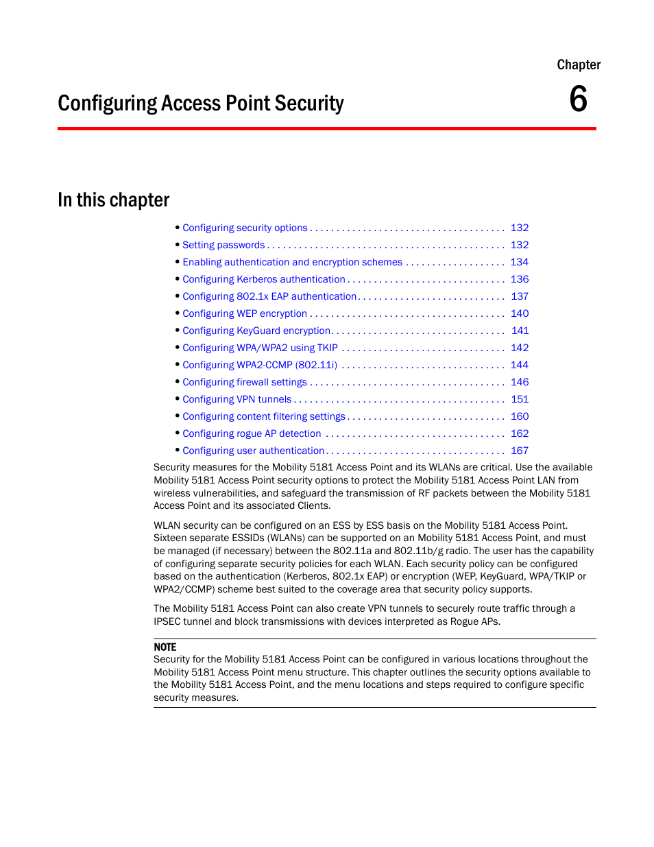 Configuring access point security, Chapter 6, Configuring | Access point security, Configuring access point, Security, Chapter , configuring access point, Chapter , configuring, As bo | Brocade Mobility 5181 Access Point Product Reference Guide (Supporting software release 4.4.0.0) User Manual | Page 145 / 428