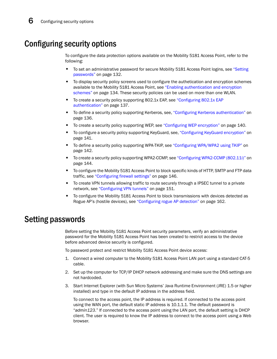 Configuring security options, Setting passwords | Brocade Mobility 5181 Access Point Product Reference Guide (Supporting software release 4.4.0.0) User Manual | Page 146 / 428