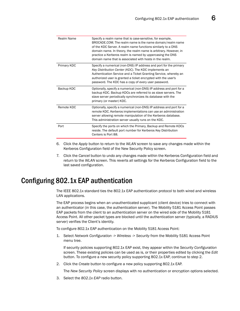 Configuring 802.1x eap authentication, Configuring 802.1x eap, Authentication | Brocade Mobility 5181 Access Point Product Reference Guide (Supporting software release 4.4.0.0) User Manual | Page 151 / 428