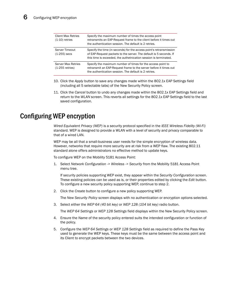 Configuring wep encryption | Brocade Mobility 5181 Access Point Product Reference Guide (Supporting software release 4.4.0.0) User Manual | Page 154 / 428