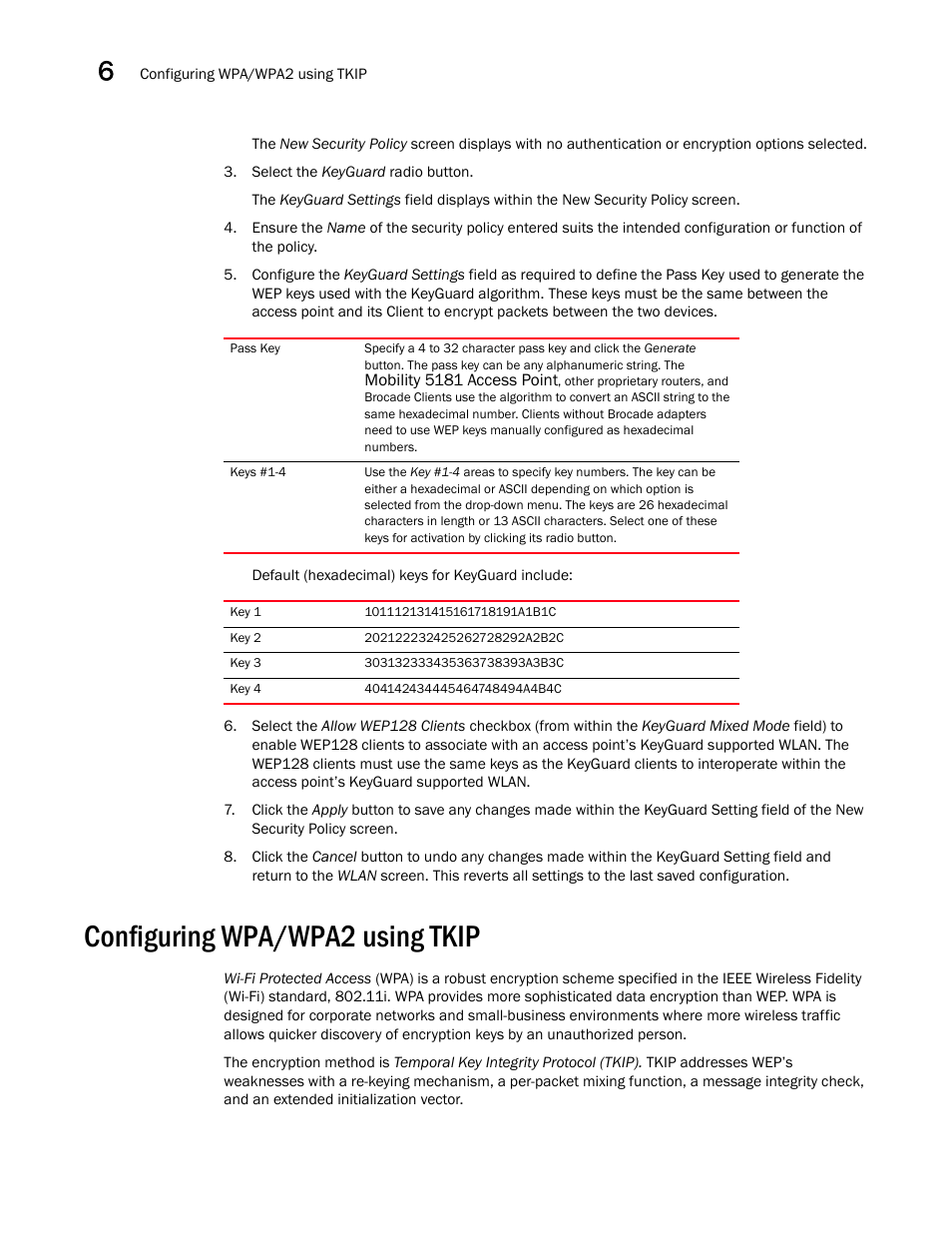 Configuring wpa/wpa2 using tkip, Configuring wpa/wpa2 using, Tkip | Brocade Mobility 5181 Access Point Product Reference Guide (Supporting software release 4.4.0.0) User Manual | Page 156 / 428