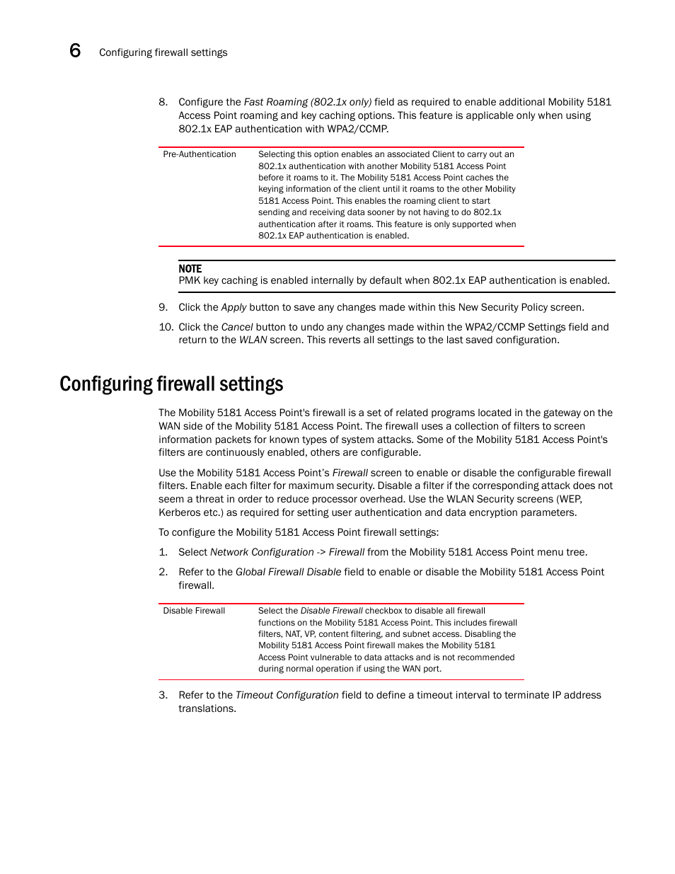 Configuring firewall settings, Configuring, Firewall settings | Brocade Mobility 5181 Access Point Product Reference Guide (Supporting software release 4.4.0.0) User Manual | Page 160 / 428