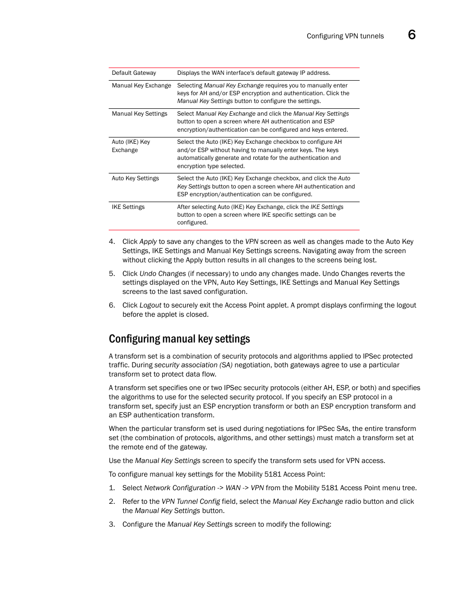 Configuring manual key settings | Brocade Mobility 5181 Access Point Product Reference Guide (Supporting software release 4.4.0.0) User Manual | Page 167 / 428