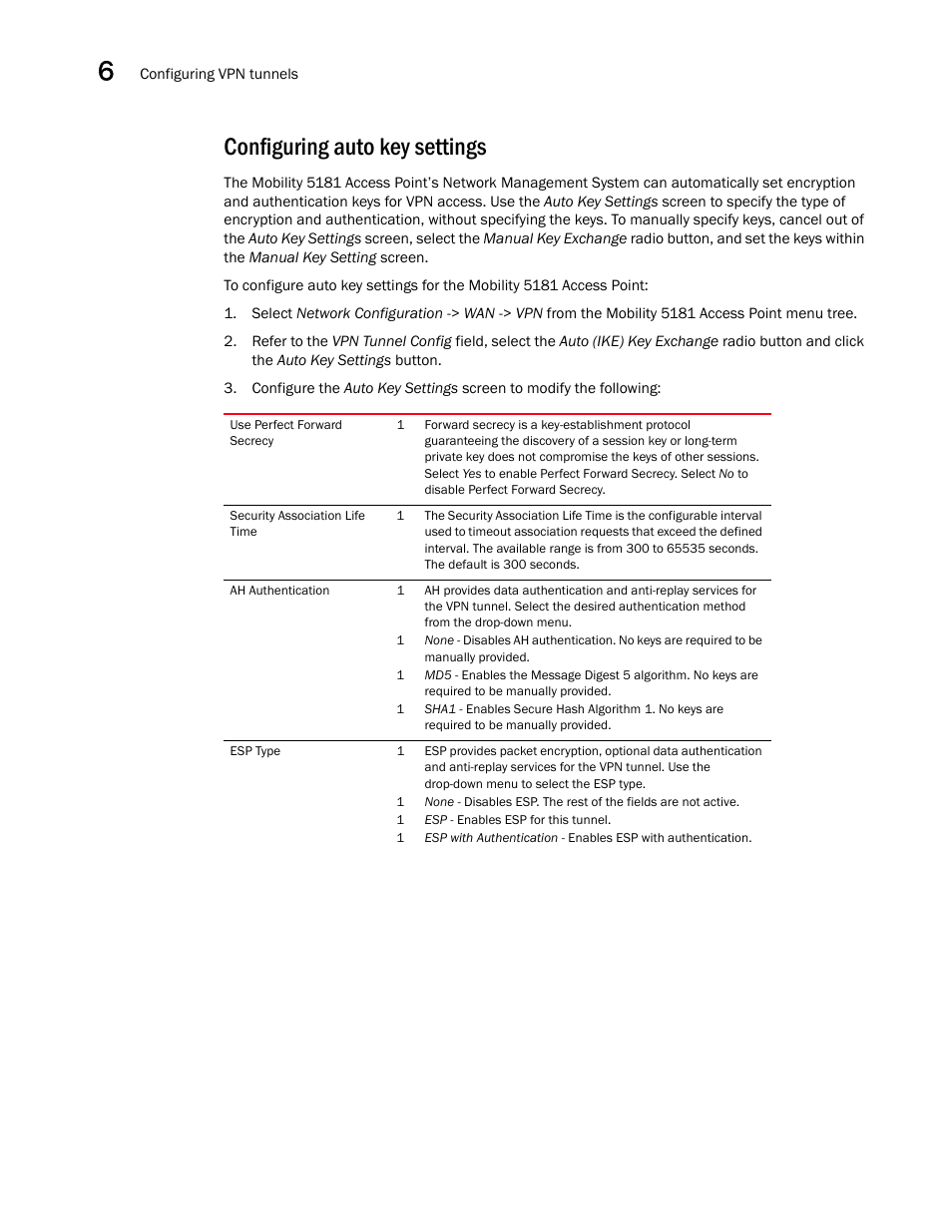 Configuring auto key settings | Brocade Mobility 5181 Access Point Product Reference Guide (Supporting software release 4.4.0.0) User Manual | Page 170 / 428