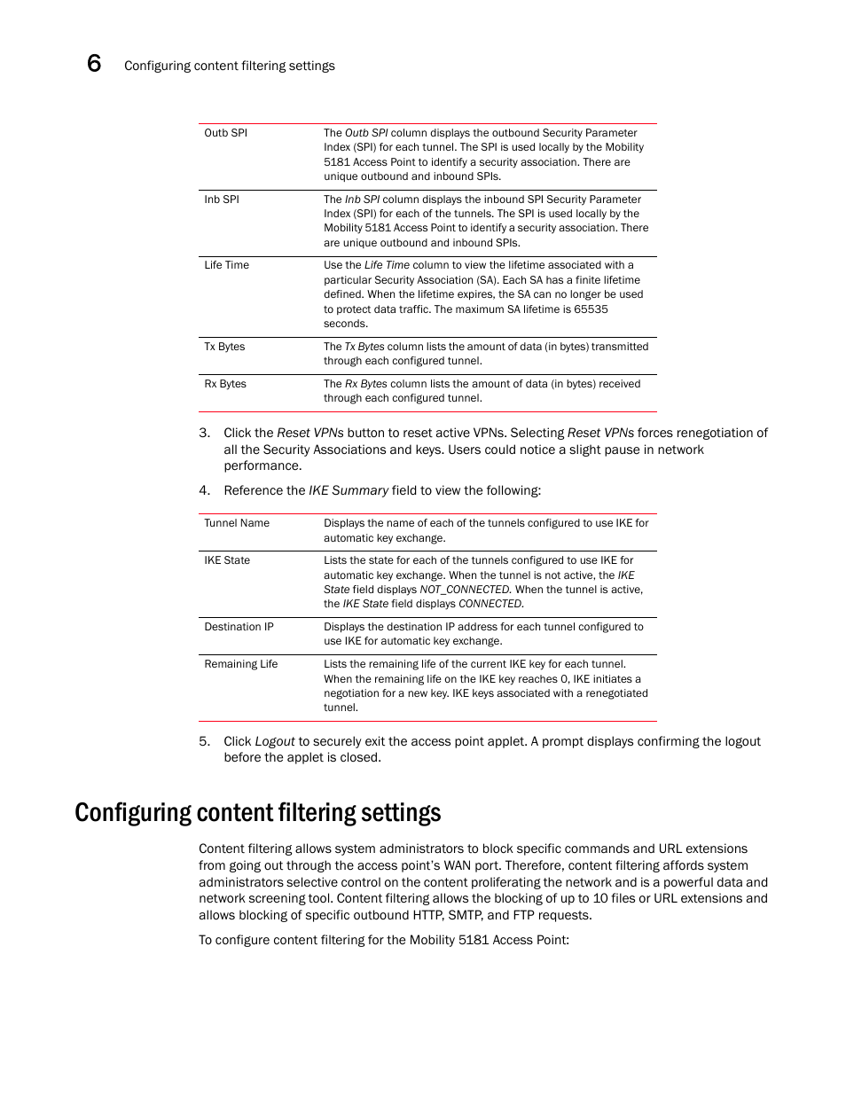 Configuring content filtering settings, Configuring content filtering, Settings | Brocade Mobility 5181 Access Point Product Reference Guide (Supporting software release 4.4.0.0) User Manual | Page 174 / 428