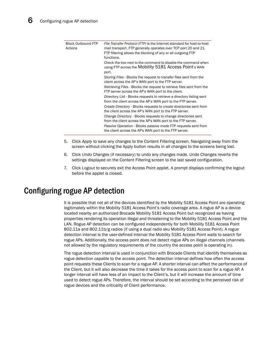 Configuring rogue ap detection, Configuring rogue ap, Detection | Brocade Mobility 5181 Access Point Product Reference Guide (Supporting software release 4.4.0.0) User Manual | Page 176 / 428