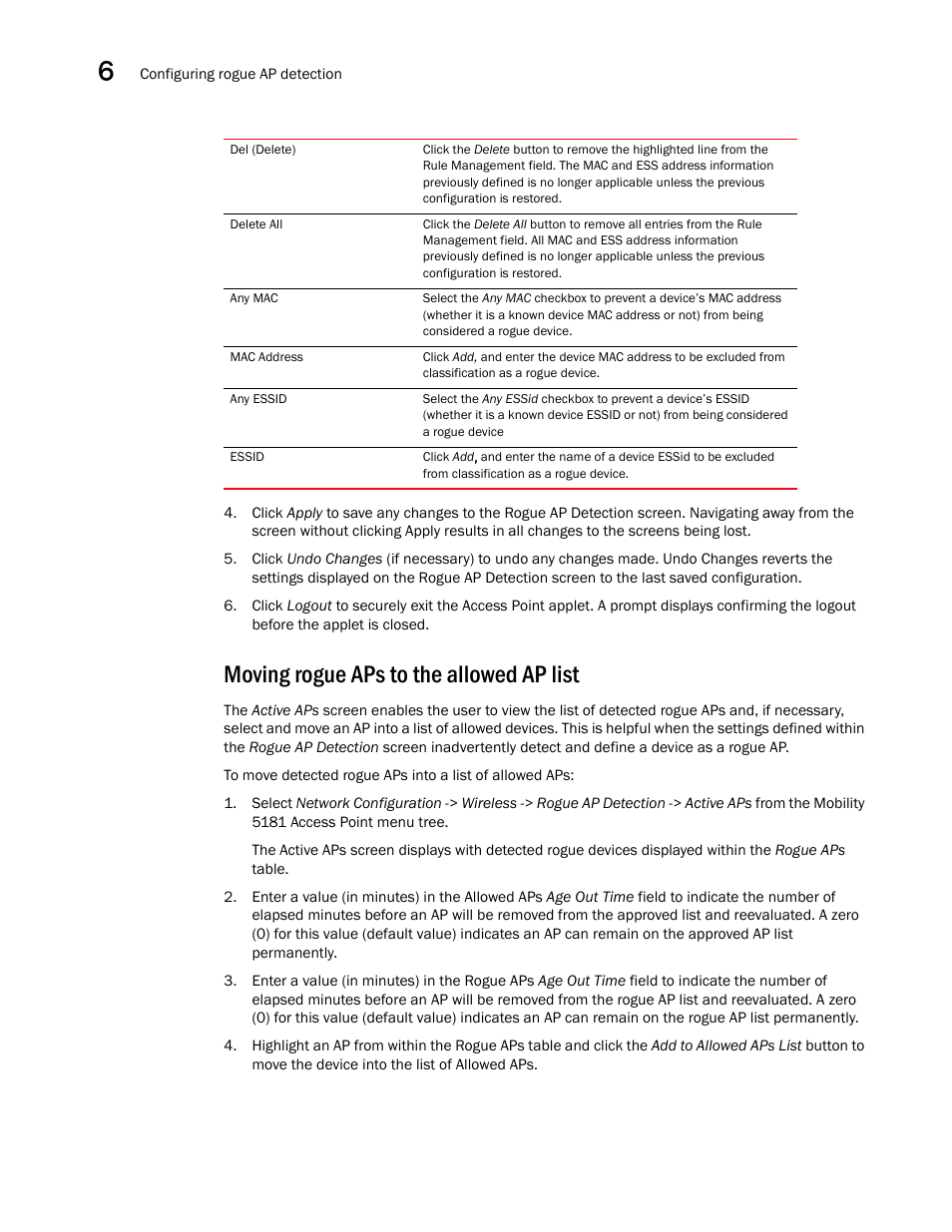 Moving rogue aps to the allowed ap list | Brocade Mobility 5181 Access Point Product Reference Guide (Supporting software release 4.4.0.0) User Manual | Page 178 / 428