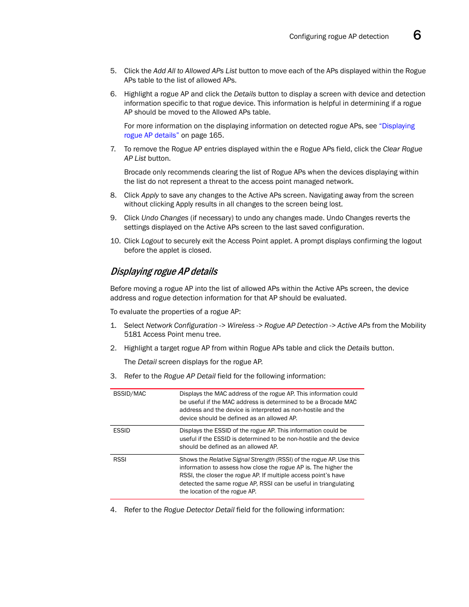 Displaying rogue ap details | Brocade Mobility 5181 Access Point Product Reference Guide (Supporting software release 4.4.0.0) User Manual | Page 179 / 428