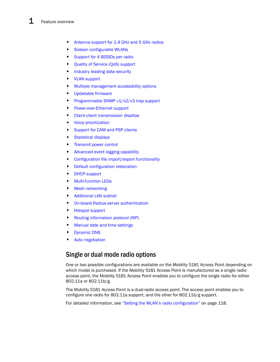 Single or dual mode radio options | Brocade Mobility 5181 Access Point Product Reference Guide (Supporting software release 4.4.0.0) User Manual | Page 18 / 428