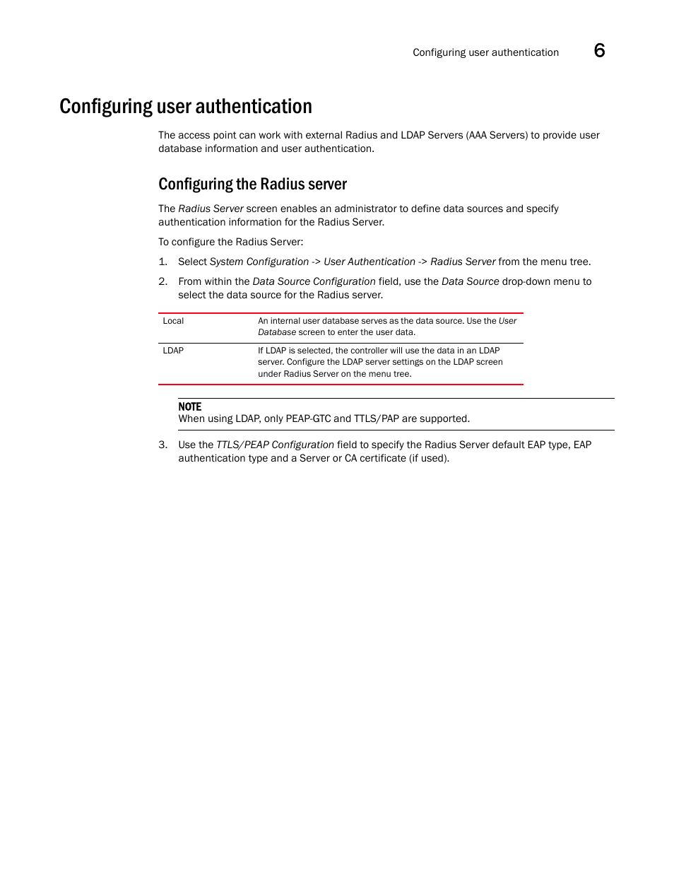 Configuring user authentication, Configuring the radius server | Brocade Mobility 5181 Access Point Product Reference Guide (Supporting software release 4.4.0.0) User Manual | Page 181 / 428