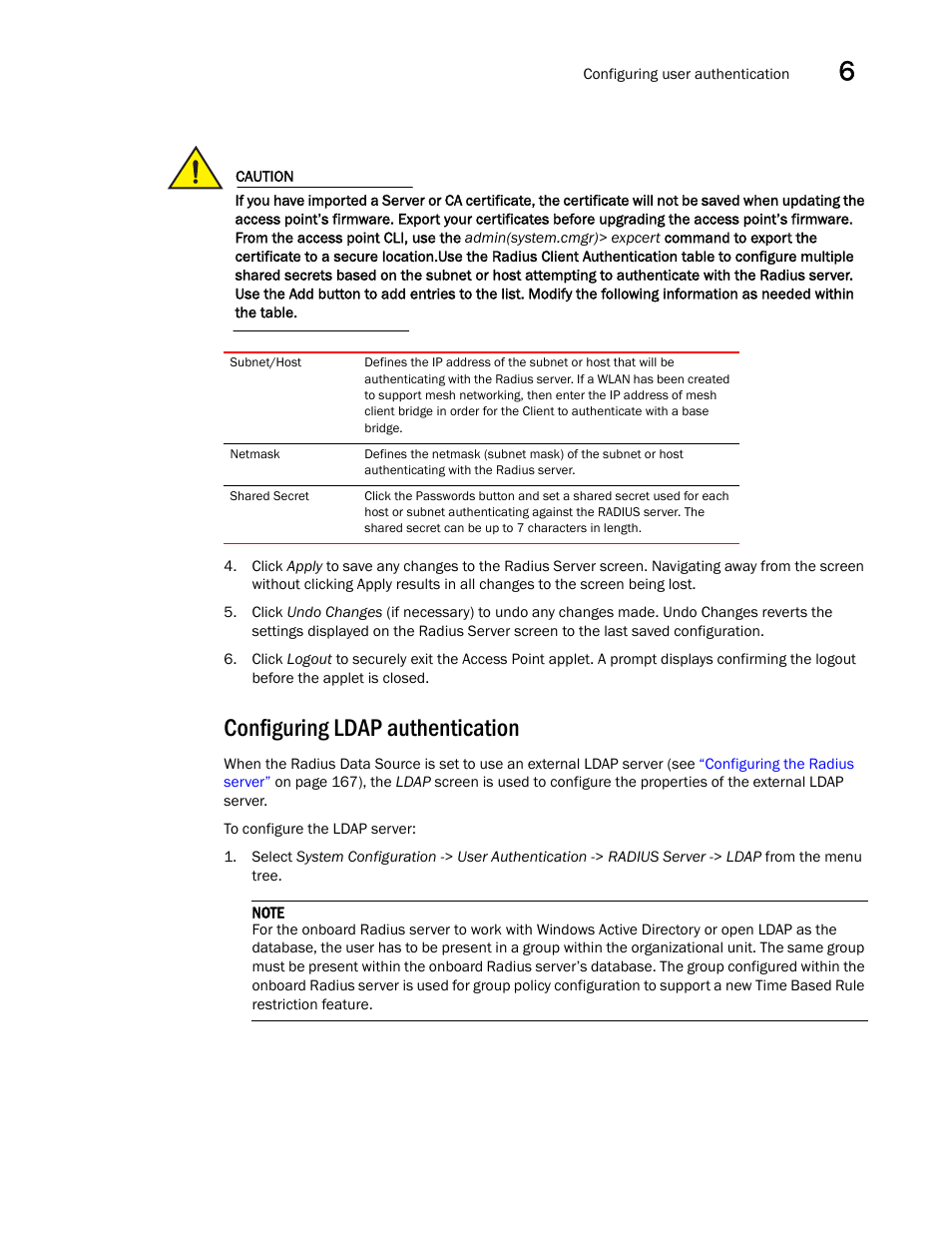 Configuring ldap authentication | Brocade Mobility 5181 Access Point Product Reference Guide (Supporting software release 4.4.0.0) User Manual | Page 183 / 428