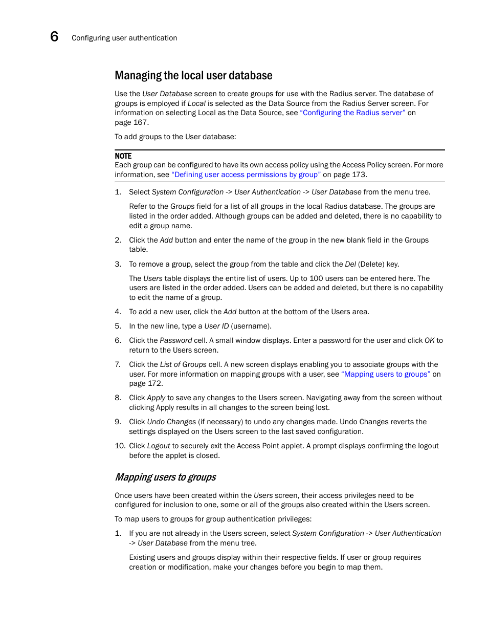 Managing the local user database, Mapping users to groups | Brocade Mobility 5181 Access Point Product Reference Guide (Supporting software release 4.4.0.0) User Manual | Page 186 / 428