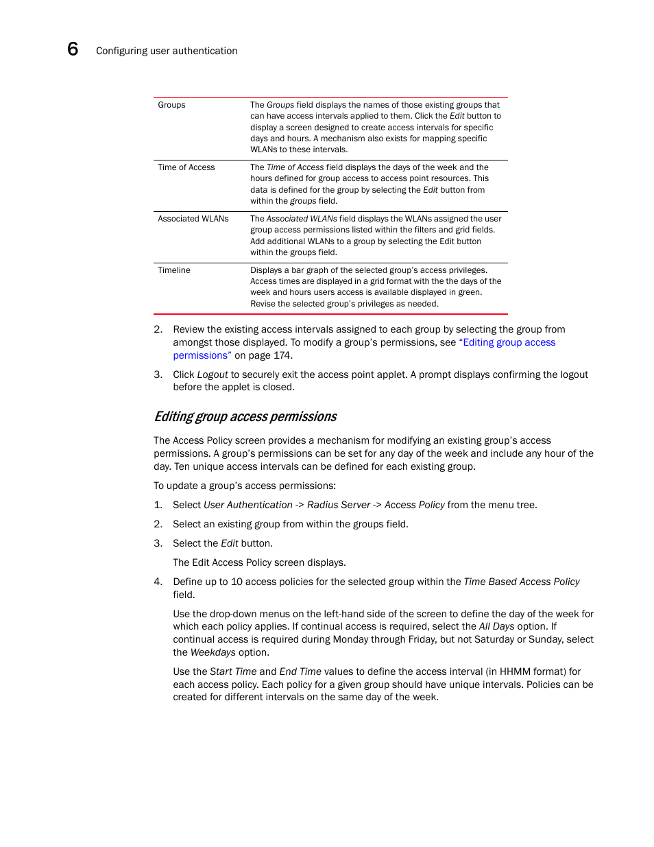 Editing group access permissions | Brocade Mobility 5181 Access Point Product Reference Guide (Supporting software release 4.4.0.0) User Manual | Page 188 / 428