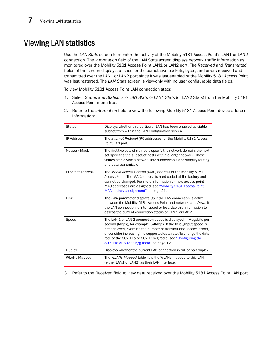 Viewing lan statistics | Brocade Mobility 5181 Access Point Product Reference Guide (Supporting software release 4.4.0.0) User Manual | Page 194 / 428