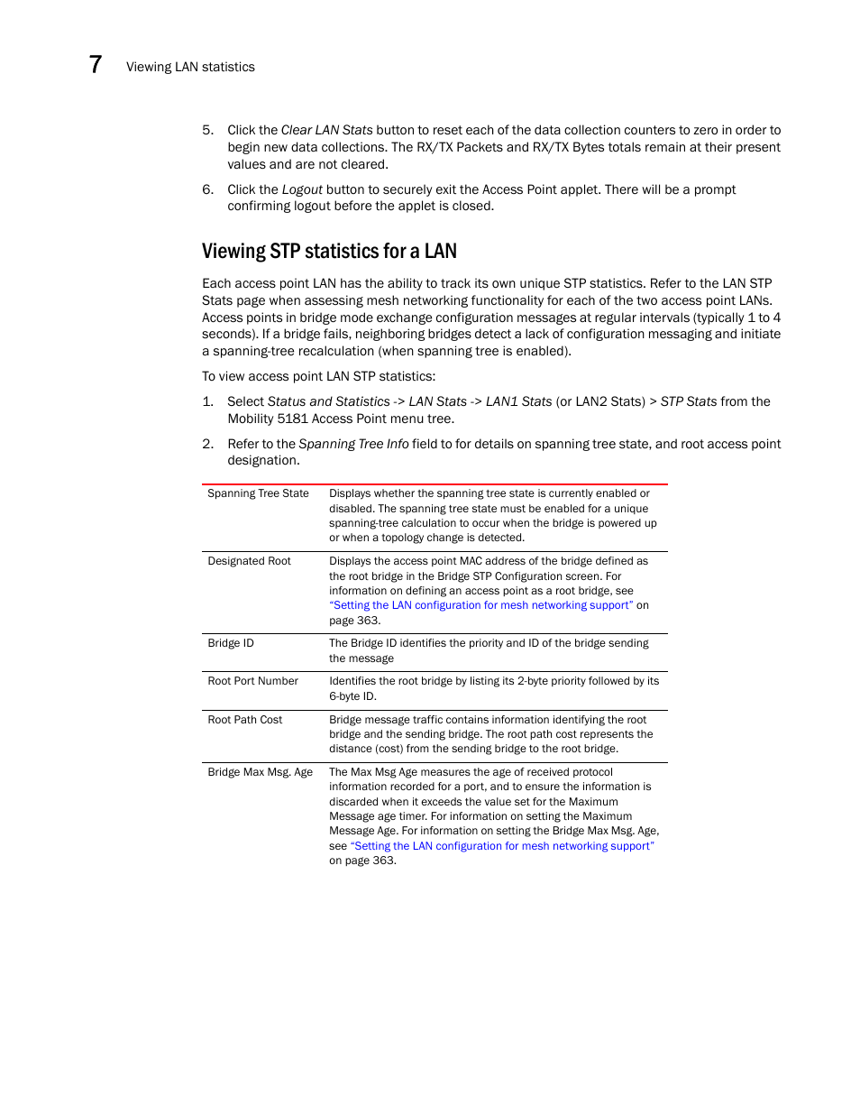 Viewing stp statistics for a lan | Brocade Mobility 5181 Access Point Product Reference Guide (Supporting software release 4.4.0.0) User Manual | Page 196 / 428