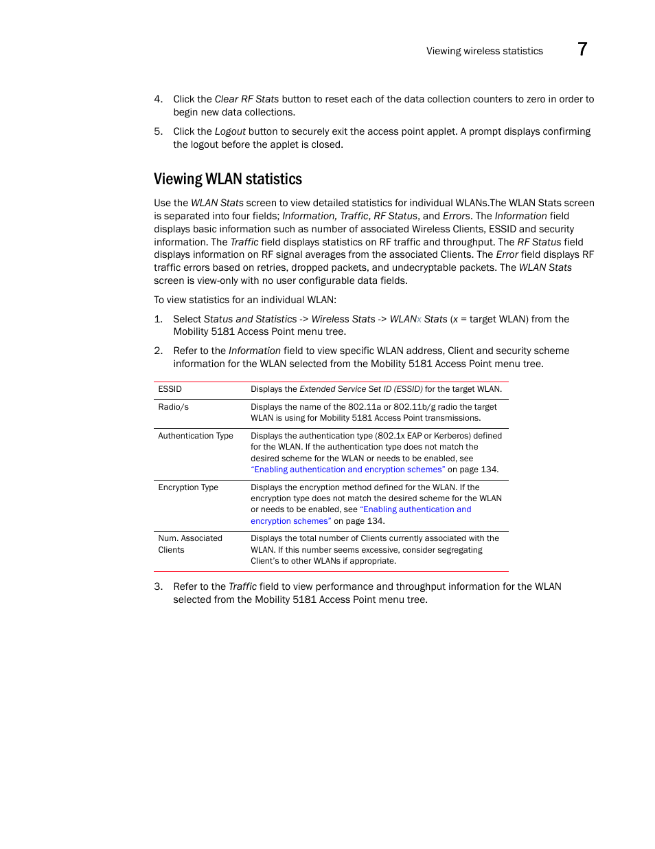 Viewing wlan statistics | Brocade Mobility 5181 Access Point Product Reference Guide (Supporting software release 4.4.0.0) User Manual | Page 199 / 428