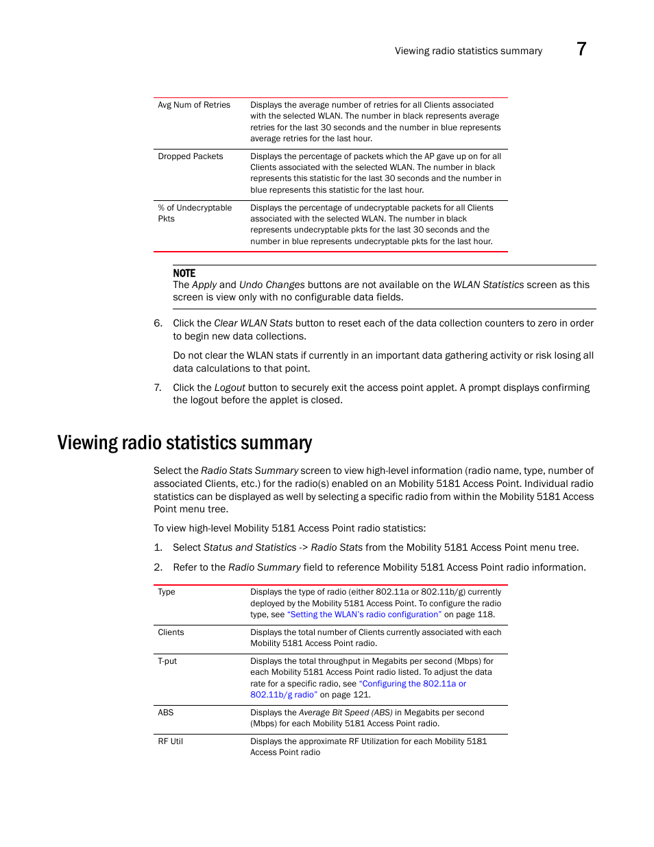 Viewing radio statistics summary | Brocade Mobility 5181 Access Point Product Reference Guide (Supporting software release 4.4.0.0) User Manual | Page 201 / 428