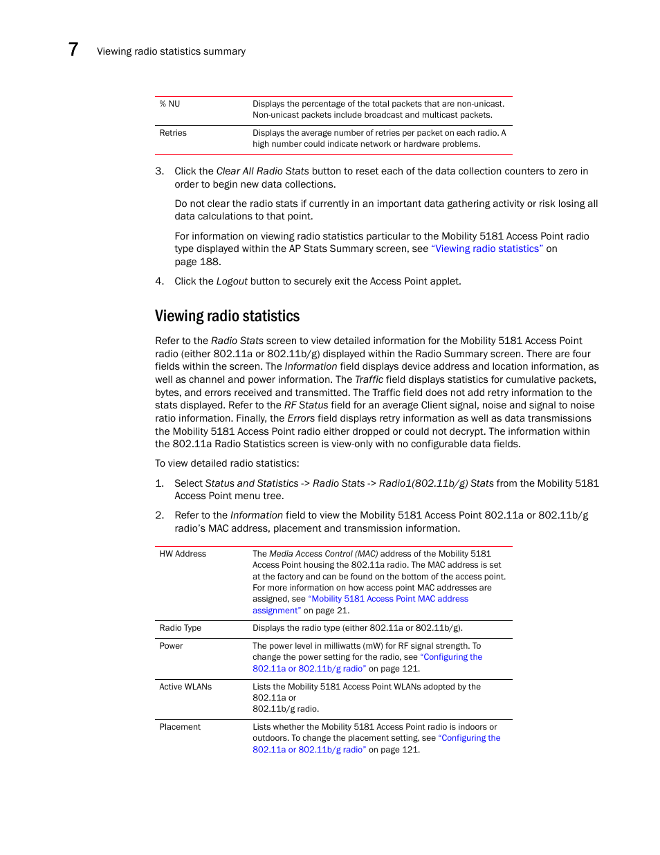 Viewing radio statistics | Brocade Mobility 5181 Access Point Product Reference Guide (Supporting software release 4.4.0.0) User Manual | Page 202 / 428