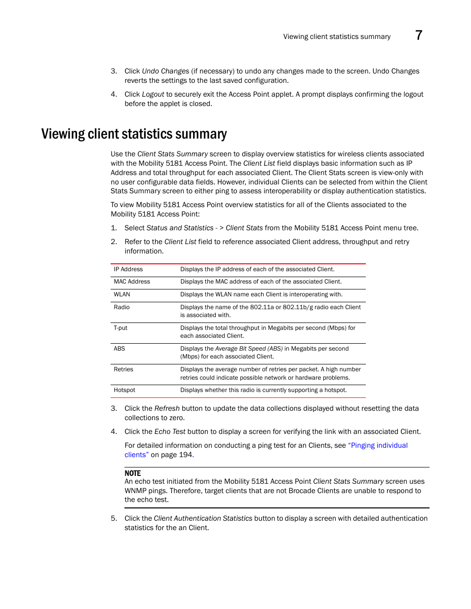 Viewing client statistics summary | Brocade Mobility 5181 Access Point Product Reference Guide (Supporting software release 4.4.0.0) User Manual | Page 205 / 428