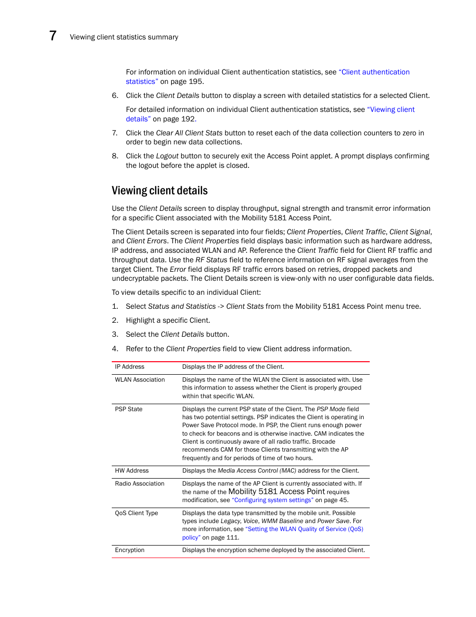 Viewing client details | Brocade Mobility 5181 Access Point Product Reference Guide (Supporting software release 4.4.0.0) User Manual | Page 206 / 428