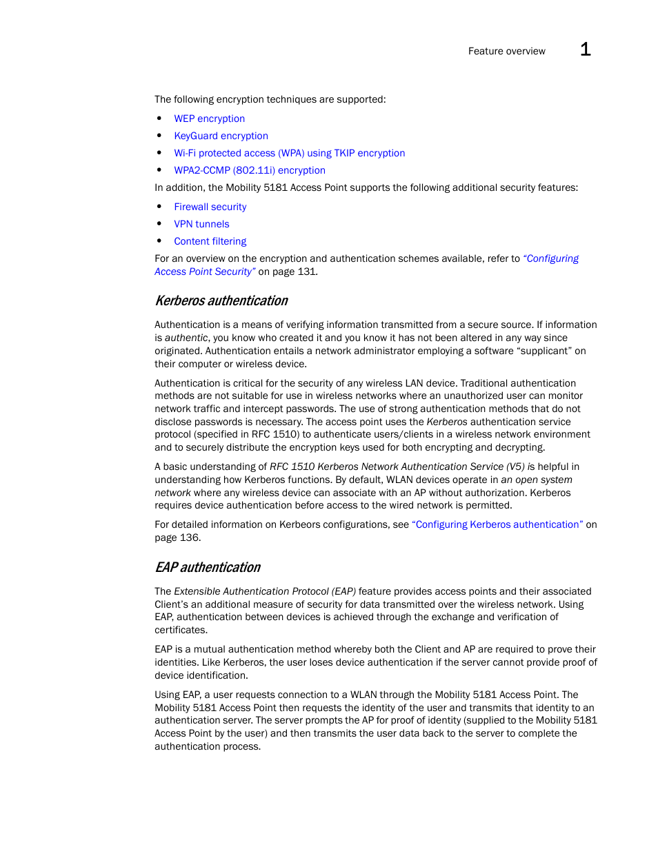 Kerberos authentication, Eap authentication | Brocade Mobility 5181 Access Point Product Reference Guide (Supporting software release 4.4.0.0) User Manual | Page 21 / 428