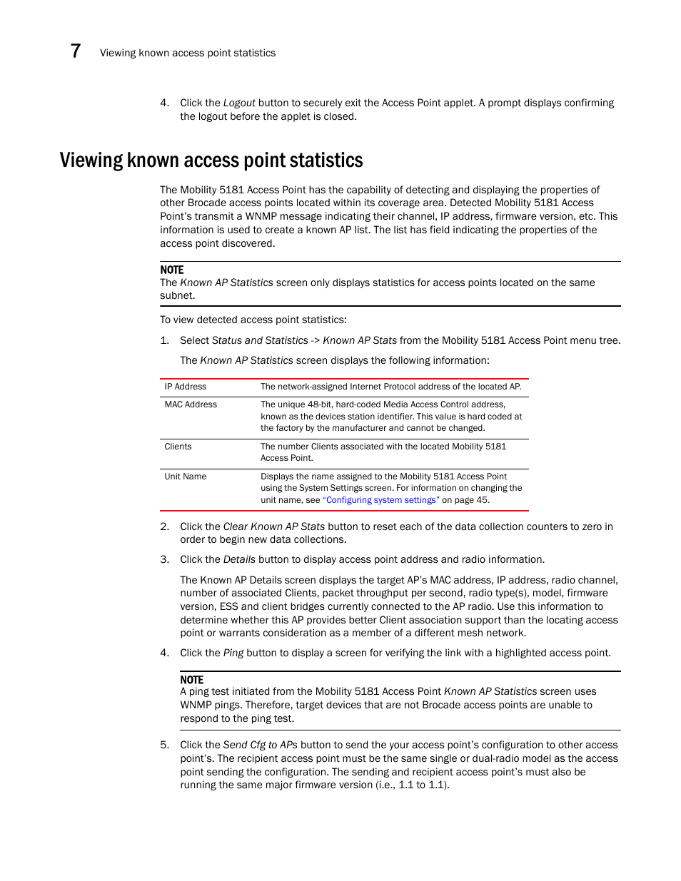 Viewing known access point statistics | Brocade Mobility 5181 Access Point Product Reference Guide (Supporting software release 4.4.0.0) User Manual | Page 210 / 428