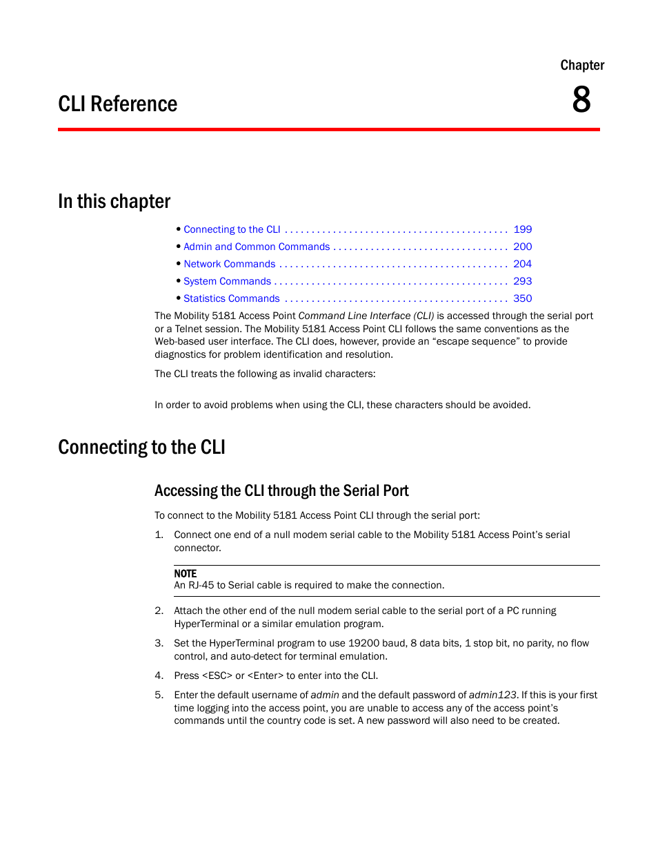 Cli reference, In this chapter, Connecting to the cli | Accessing the cli through the serial port, Chapter 8 | Brocade Mobility 5181 Access Point Product Reference Guide (Supporting software release 4.4.0.0) User Manual | Page 213 / 428
