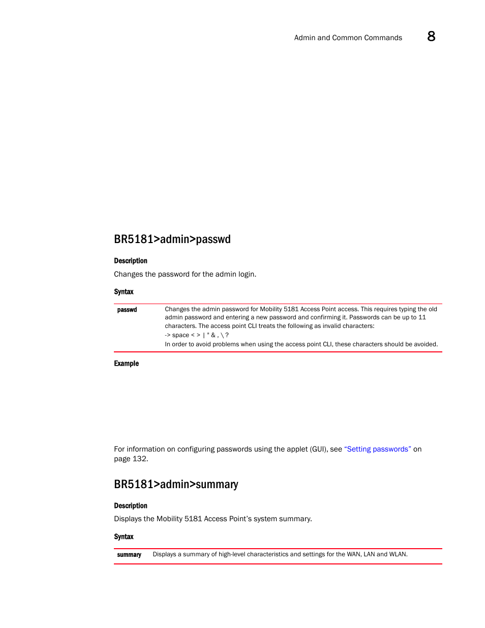 Br5181>admin>passwd, Br5181>admin>summary | Brocade Mobility 5181 Access Point Product Reference Guide (Supporting software release 4.4.0.0) User Manual | Page 215 / 428