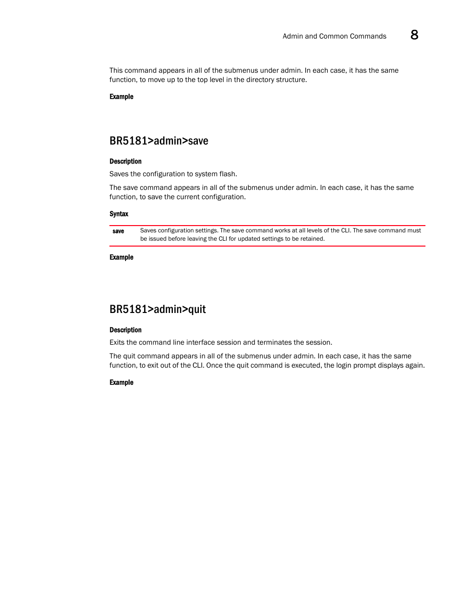 Br5181>admin>save, Br5181>admin>quit | Brocade Mobility 5181 Access Point Product Reference Guide (Supporting software release 4.4.0.0) User Manual | Page 217 / 428