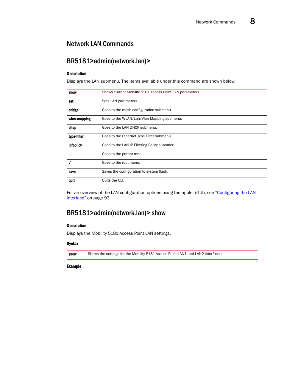 Network lan commands, Network lan commands br5181>admin(network.lan), Br5181>admin(network.lan)> show | Brocade Mobility 5181 Access Point Product Reference Guide (Supporting software release 4.4.0.0) User Manual | Page 219 / 428