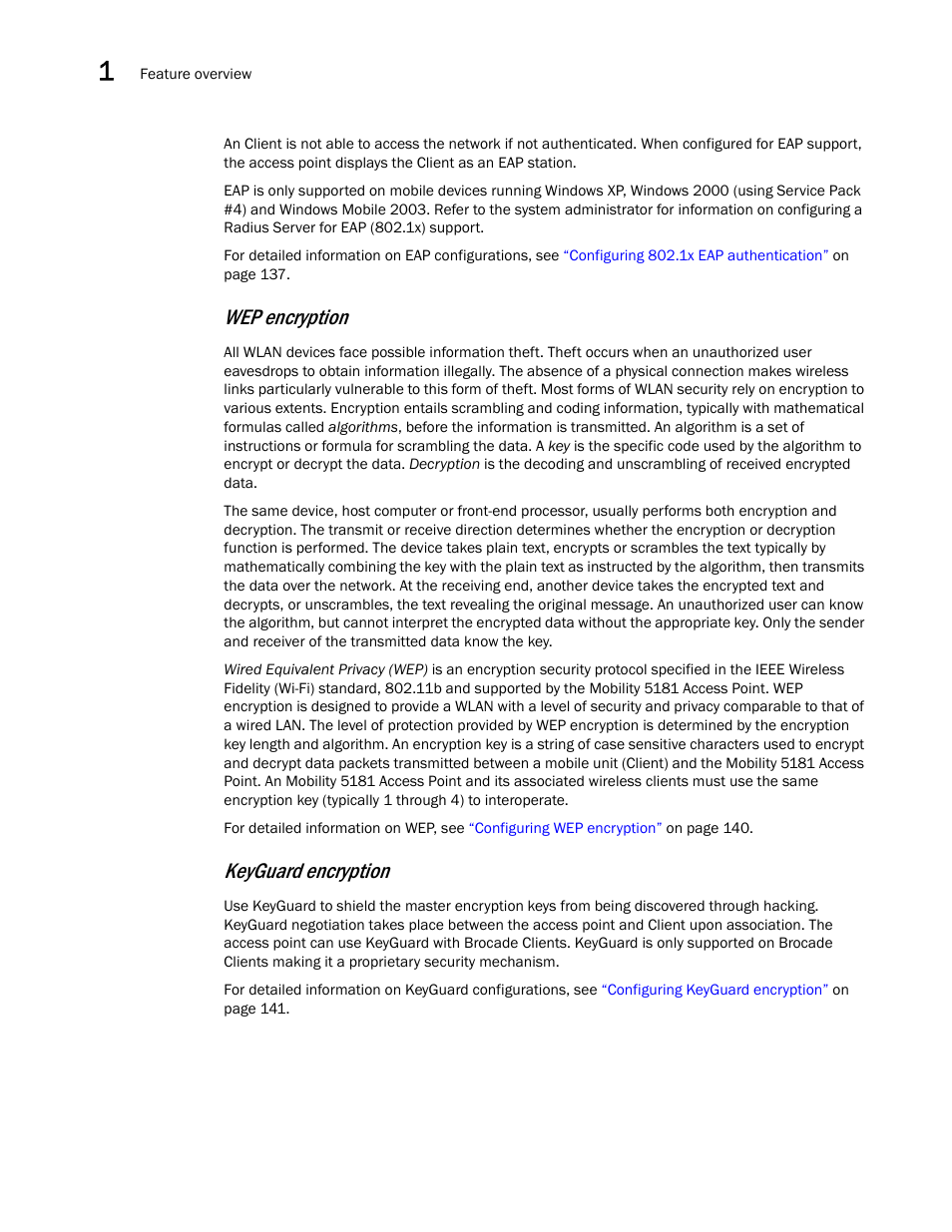 Wep encryption, Keyguard encryption | Brocade Mobility 5181 Access Point Product Reference Guide (Supporting software release 4.4.0.0) User Manual | Page 22 / 428