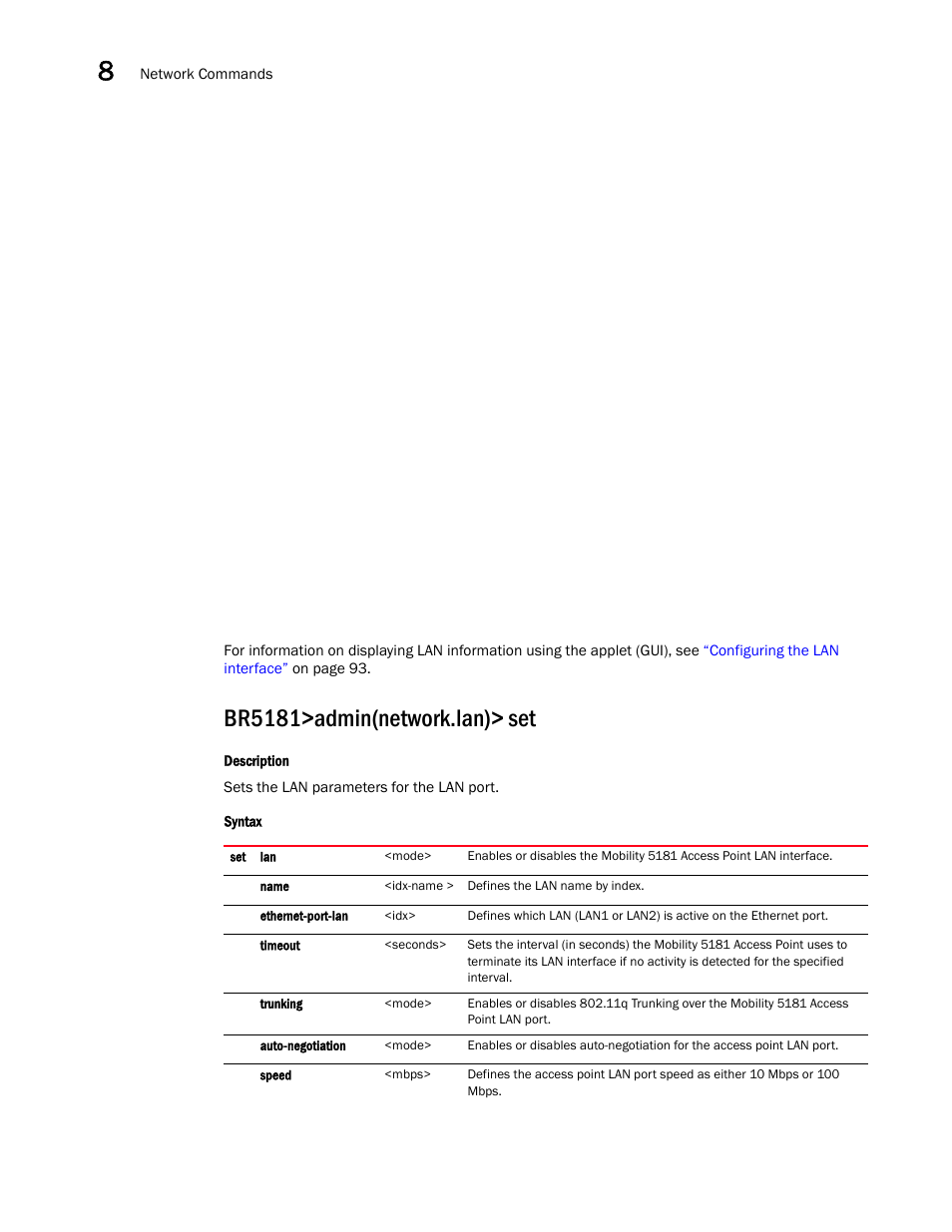 Br5181>admin(network.lan)> set | Brocade Mobility 5181 Access Point Product Reference Guide (Supporting software release 4.4.0.0) User Manual | Page 220 / 428