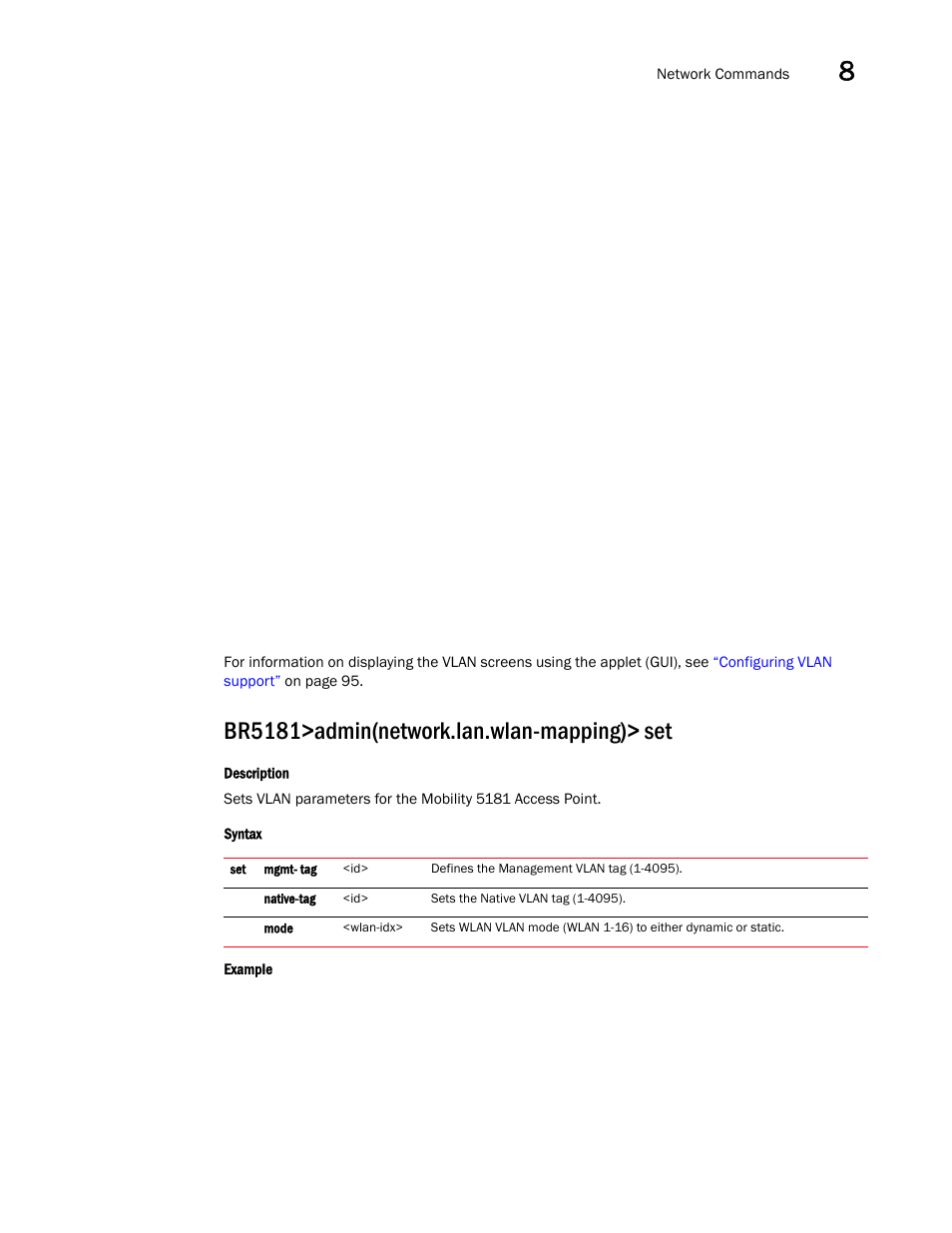 Br5181>admin(network.lan.wlan-mapping)> set | Brocade Mobility 5181 Access Point Product Reference Guide (Supporting software release 4.4.0.0) User Manual | Page 225 / 428