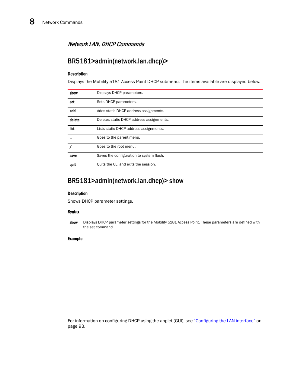 Br5181>admin(network.lan.dhcp), Br5181>admin(network.lan.dhcp)> show, Network lan, dhcp commands | Brocade Mobility 5181 Access Point Product Reference Guide (Supporting software release 4.4.0.0) User Manual | Page 228 / 428