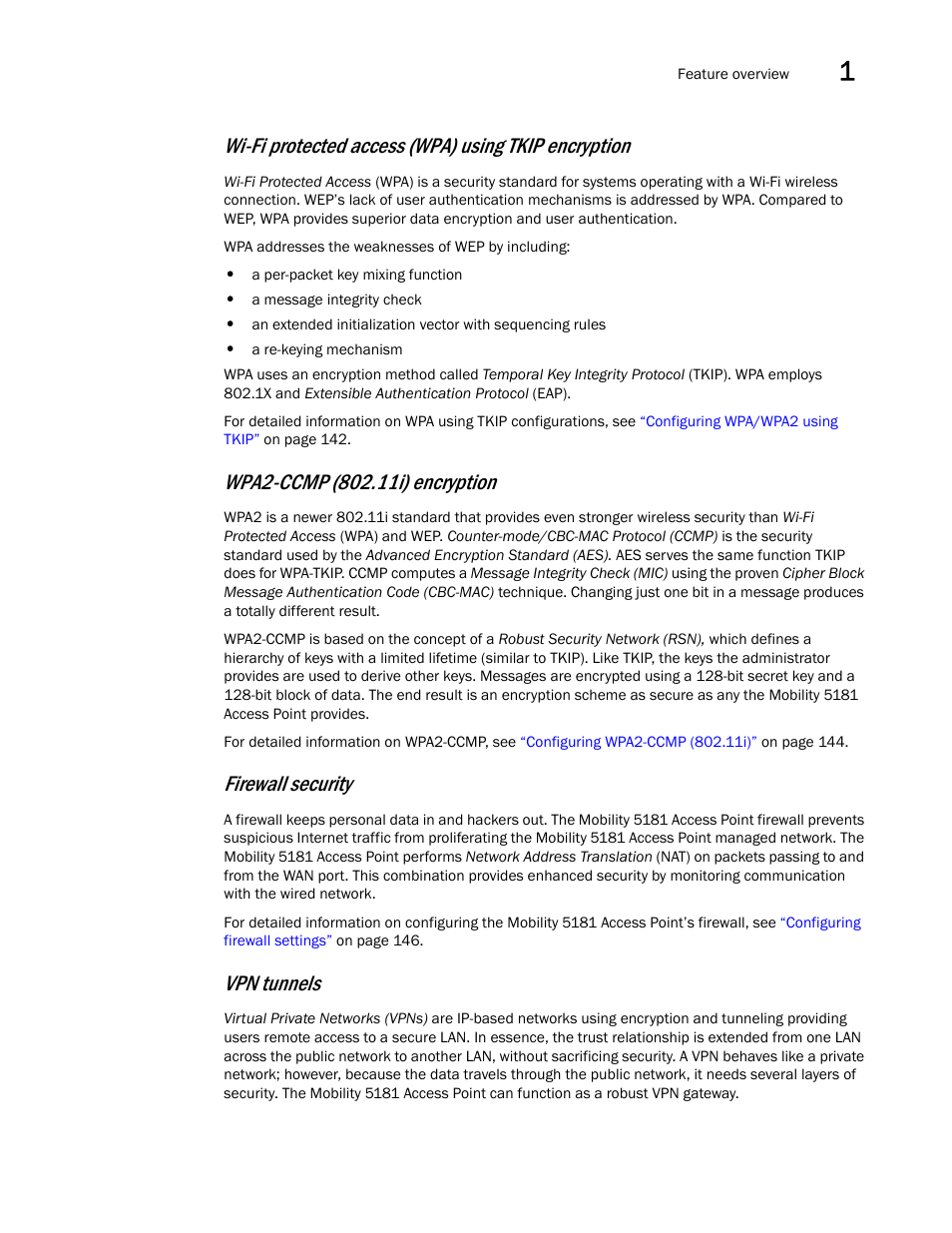 Wi-fi protected access (wpa) using tkip encryption, Wpa2-ccmp (802.11i) encryption, Firewall security | Vpn tunnels | Brocade Mobility 5181 Access Point Product Reference Guide (Supporting software release 4.4.0.0) User Manual | Page 23 / 428