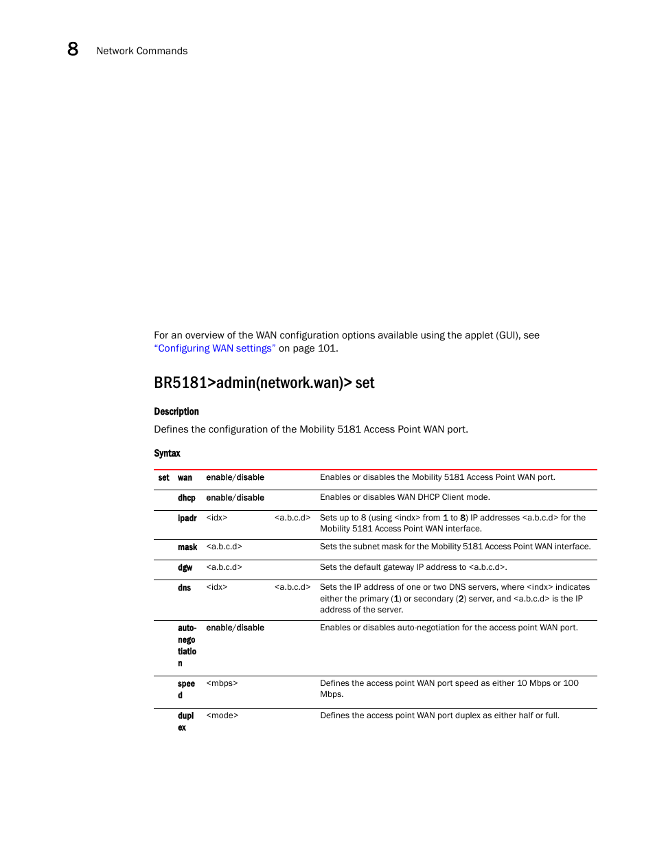 Br5181>admin(network.wan)> set | Brocade Mobility 5181 Access Point Product Reference Guide (Supporting software release 4.4.0.0) User Manual | Page 236 / 428